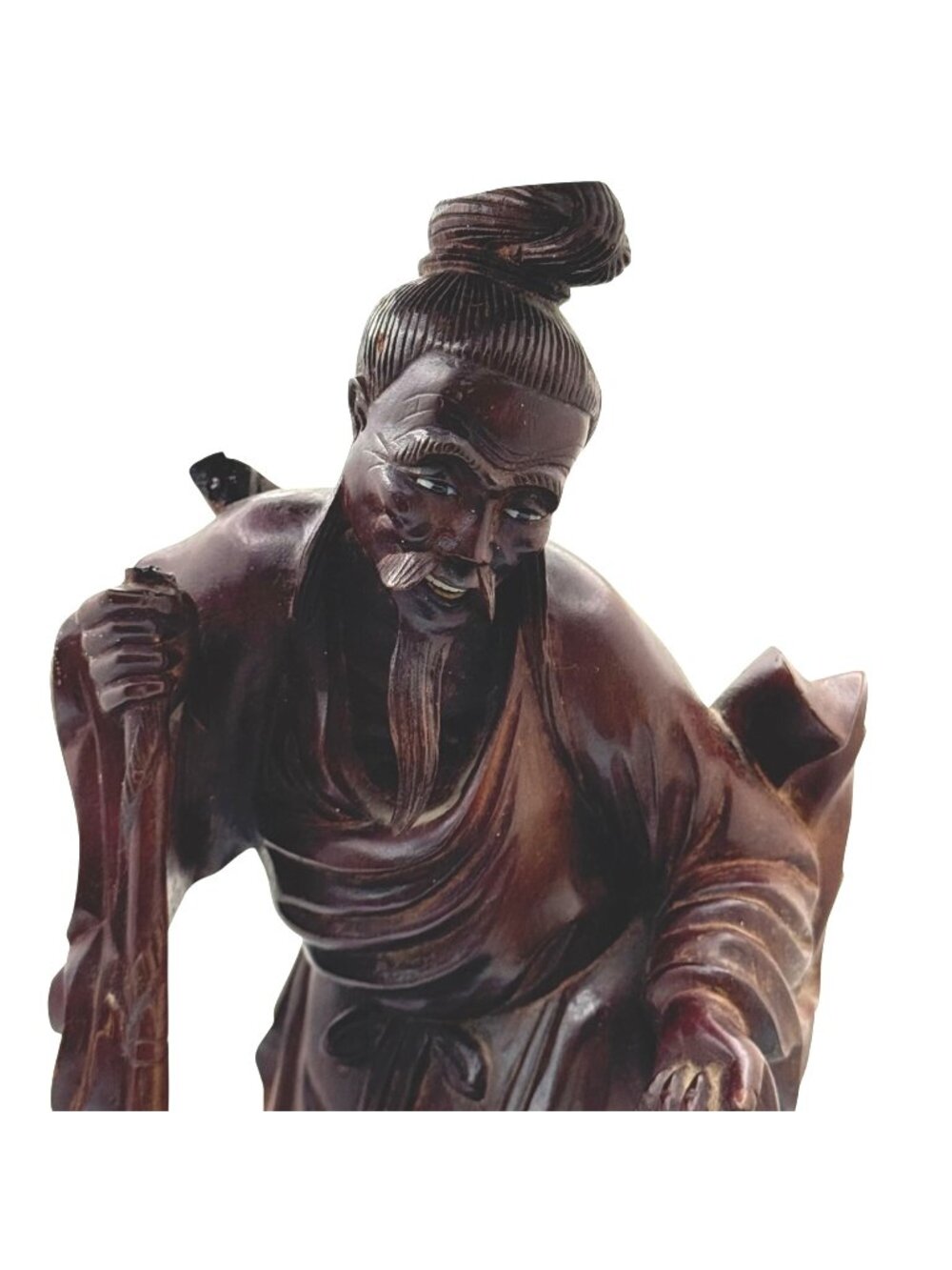 Hand Carved Wooden Sculpture Carved Elderly Man Asian Oriental Staff Jar 10" SEE